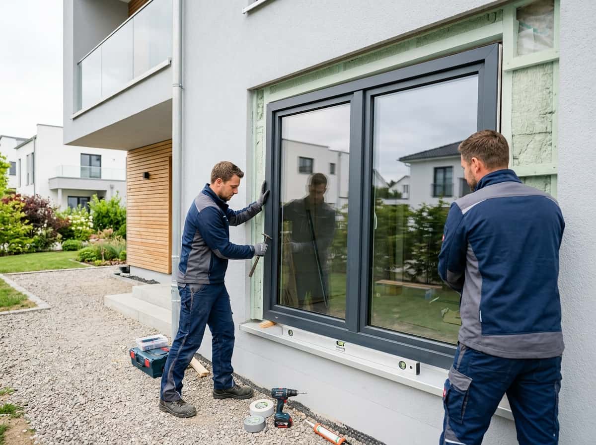 Zwei Monteure setzen ein neues Fenster in eine Hausfassade ein